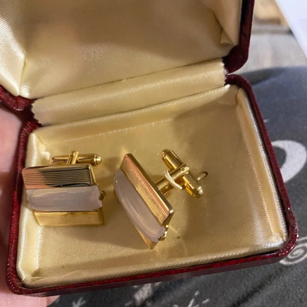 Vintage Towncraft Penney's Gold Tone White Stone Rectangular Cufflinks with Box